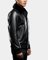 Mens Leather Bomber Pilot Jacket Removable Collar Leroy Nova Black
